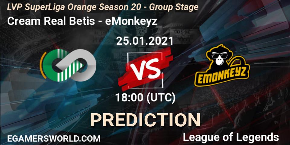 Pronósticos Cream Real Betis - eMonkeyz. 25.01.2021 at 18:00. LVP SuperLiga Orange Season 20 - Group Stage - LoL