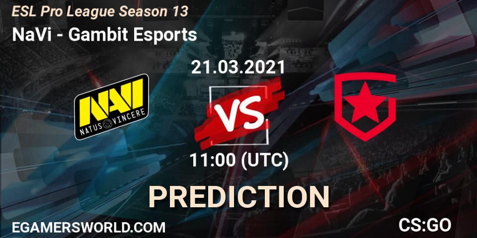 Pronósticos NaVi - Gambit Esports. 21.03.2021 at 11:00. ESL Pro League Season 13 - Counter-Strike (CS2)