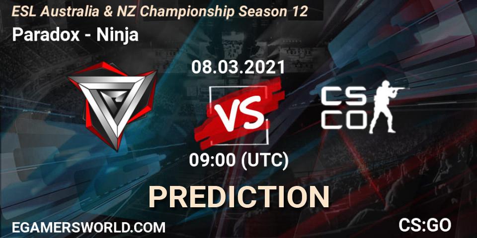 Pronósticos Paradox - Ninja. 08.03.2021 at 09:00. ESL Australia & NZ Championship Season 12 - Counter-Strike (CS2)