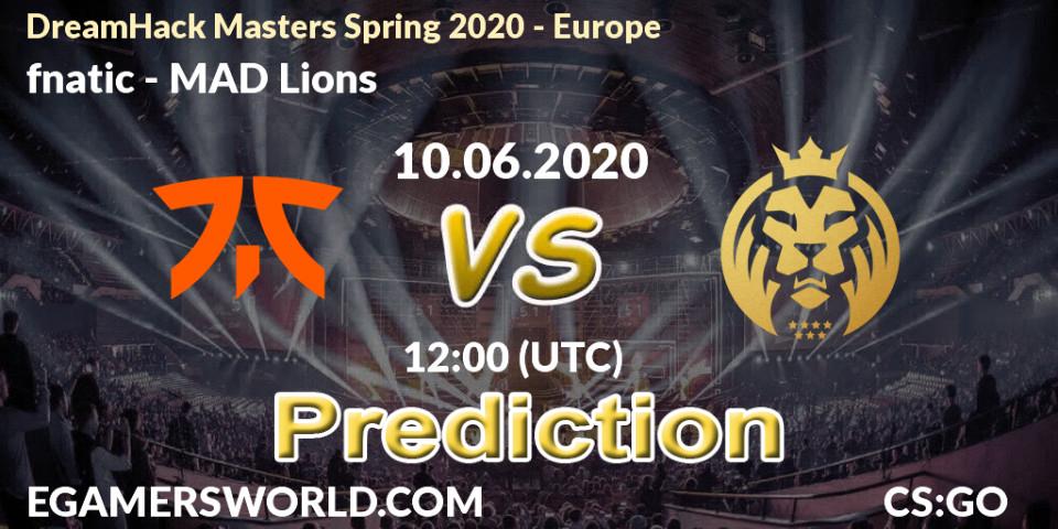 Pronósticos fnatic - MAD Lions. 10.06.2020 at 12:00. DreamHack Masters Spring 2020 - Europe - Counter-Strike (CS2)