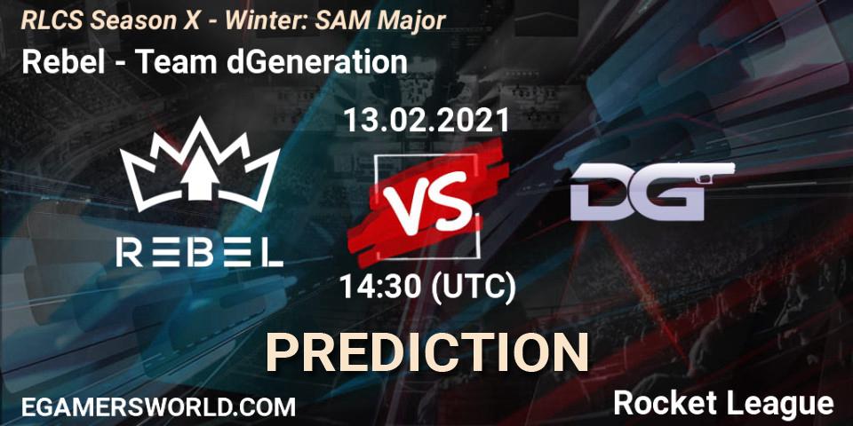Pronósticos Rebel - Team dGeneration. 13.02.2021 at 14:30. RLCS Season X - Winter: SAM Major - Rocket League