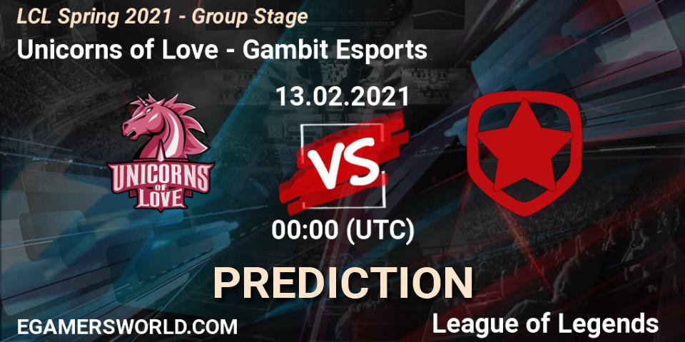 Pronósticos Unicorns of Love - Gambit Esports. 13.02.2021 at 13:00. LCL Spring 2021 - Group Stage - LoL