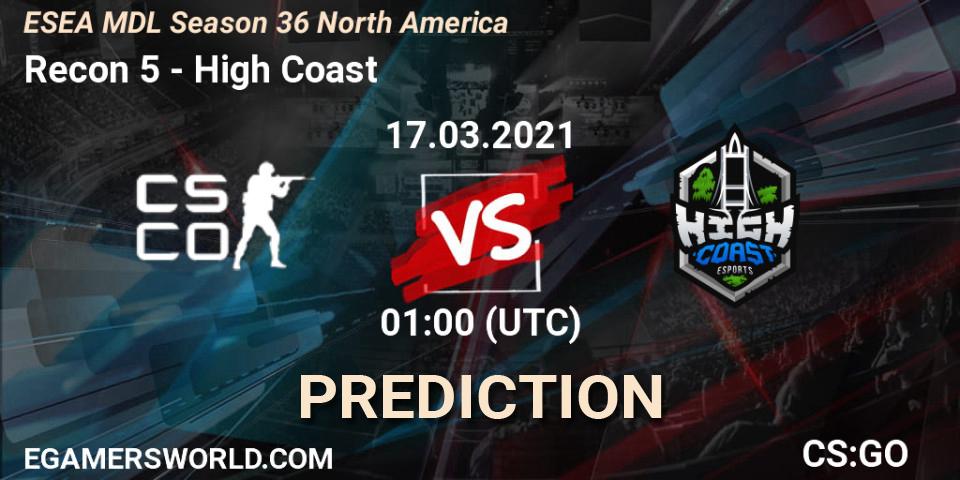 Pronósticos Recon 5 - High Coast. 17.03.2021 at 01:00. MDL ESEA Season 36: North America - Premier Division - Counter-Strike (CS2)