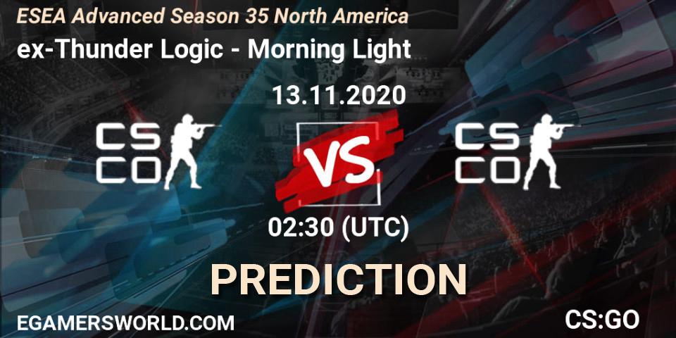Pronósticos ex-Thunder Logic - Morning Light. 13.11.2020 at 02:00. ESEA Advanced Season 35 North America - Counter-Strike (CS2)