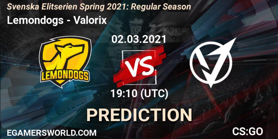Pronósticos Lemondogs - Valorix. 02.03.2021 at 19:10. Svenska Elitserien Spring 2021: Regular Season - Counter-Strike (CS2)