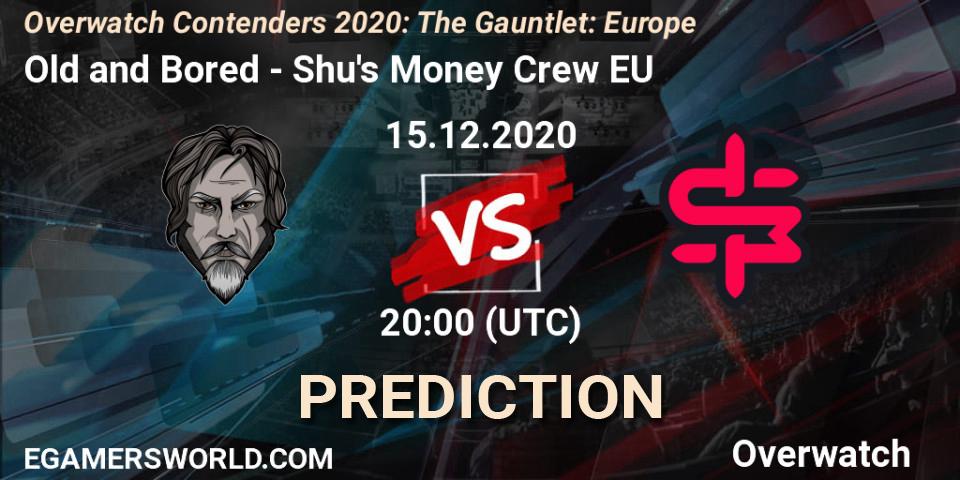 Pronósticos Old and Bored - Shu's Money Crew EU. 15.12.2020 at 19:40. Overwatch Contenders 2020: The Gauntlet: Europe - Overwatch