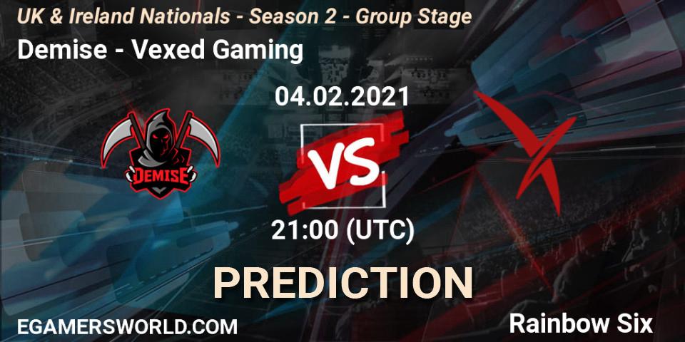 Pronósticos Demise - Vexed Gaming. 04.02.2021 at 21:00. UK & Ireland Nationals - Season 2 - Group Stage - Rainbow Six