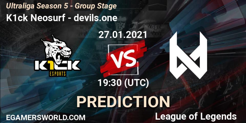 Pronósticos K1ck Neosurf - devils.one. 27.01.2021 at 19:30. Ultraliga Season 5 - Group Stage - LoL