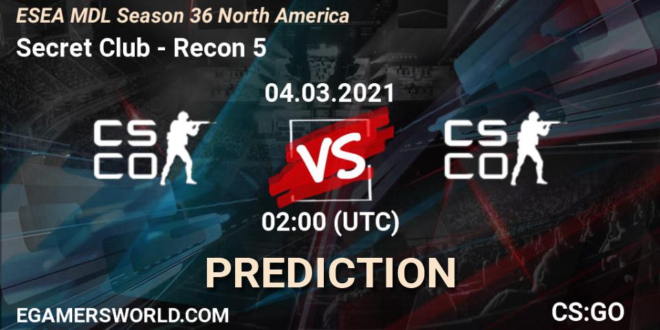 Pronósticos Secret Club - Recon 5. 04.03.2021 at 02:00. MDL ESEA Season 36: North America - Premier Division - Counter-Strike (CS2)