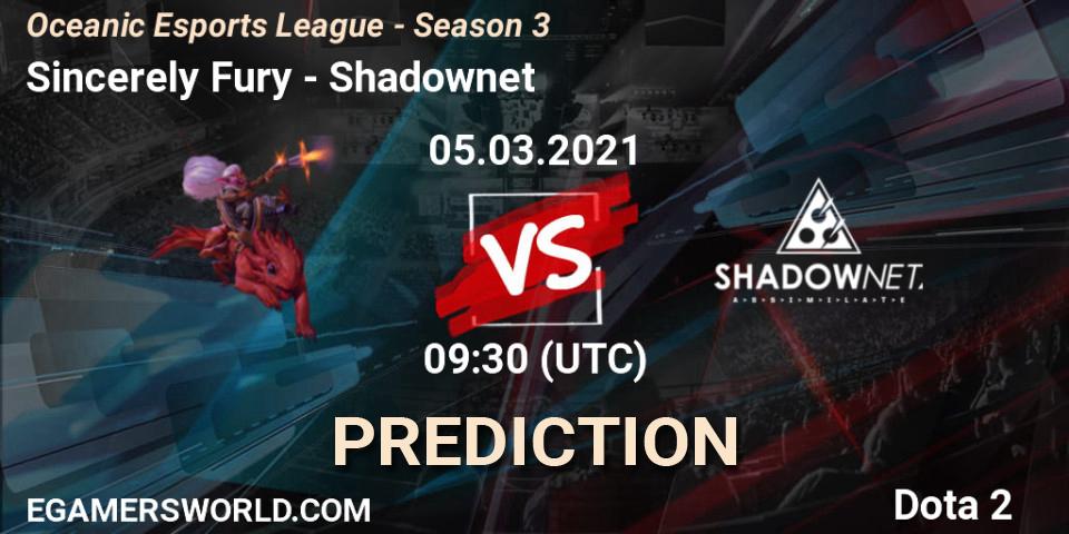 Pronósticos Sincerely Fury - Shadownet. 05.03.2021 at 09:30. Oceanic Esports League - Season 3 - Dota 2