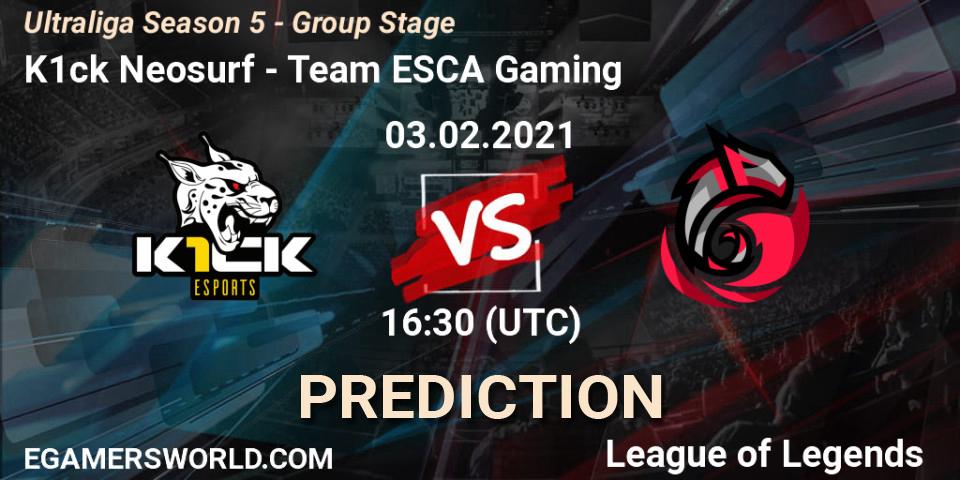 Pronósticos K1ck Neosurf - Team ESCA Gaming. 03.02.2021 at 16:30. Ultraliga Season 5 - Group Stage - LoL