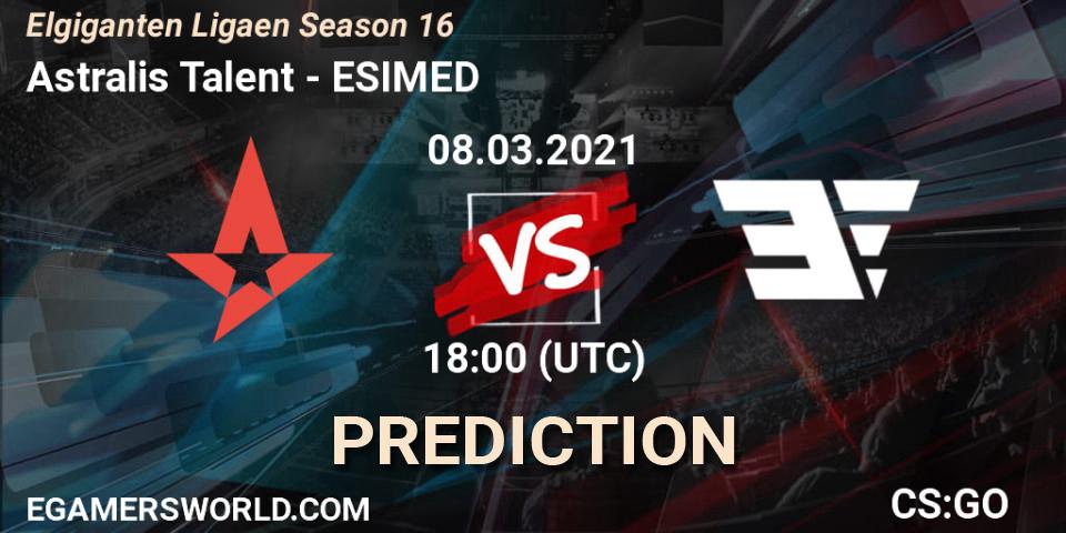 Pronósticos Astralis Talent - ESIMED. 08.03.2021 at 18:00. Elgiganten Ligaen Season 16 - Counter-Strike (CS2)