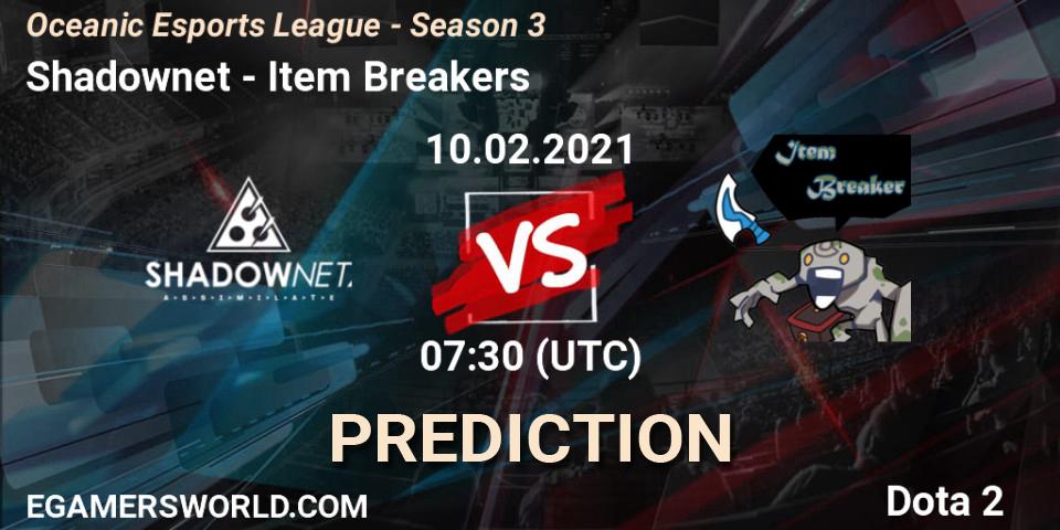 Pronósticos Shadownet - Item Breakers. 10.02.2021 at 07:33. Oceanic Esports League - Season 3 - Dota 2