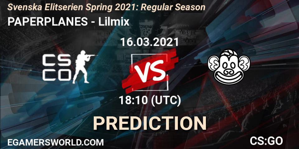 Pronósticos PAPERPLANES - Lilmix. 16.03.2021 at 18:10. Svenska Elitserien Spring 2021: Regular Season - Counter-Strike (CS2)