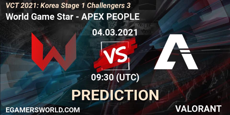 Pronósticos World Game Star - APEX PEOPLE. 04.03.2021 at 09:30. VCT 2021: Korea Stage 1 Challengers 3 - VALORANT