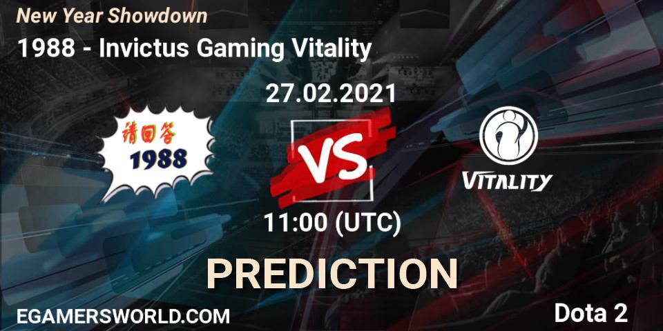 Pronósticos 请回答1988 - Invictus Gaming Vitality. 27.02.2021 at 11:00. New Year Showdown - Dota 2