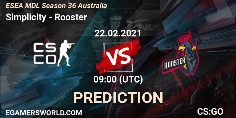 Pronósticos Simplicity - Rooster. 23.02.2021 at 09:00. MDL ESEA Season 36: Australia - Premier Division - Counter-Strike (CS2)