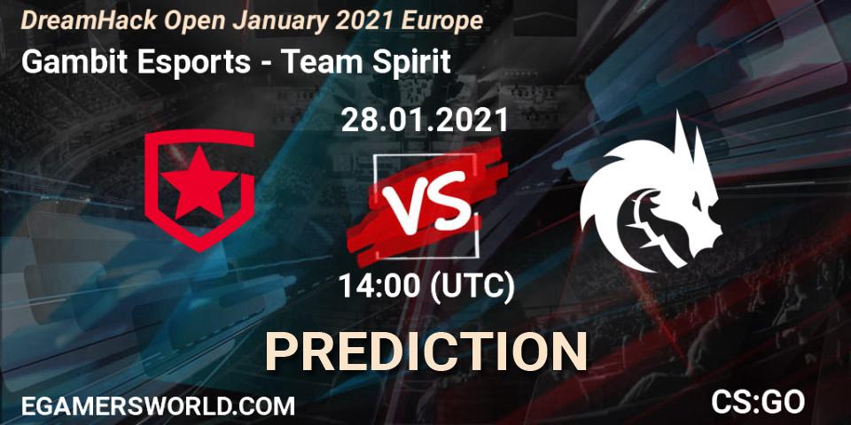 Pronósticos Gambit Esports - Team Spirit. 28.01.2021 at 14:00. DreamHack Open January 2021 Europe - Counter-Strike (CS2)