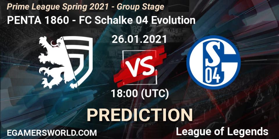 Pronósticos PENTA 1860 - FC Schalke 04 Evolution. 26.01.2021 at 18:00. Prime League Spring 2021 - Group Stage - LoL