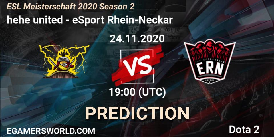 Pronósticos hehe united - eSport Rhein-Neckar. 24.11.2020 at 19:04. ESL Meisterschaft 2020 Season 2 - Dota 2