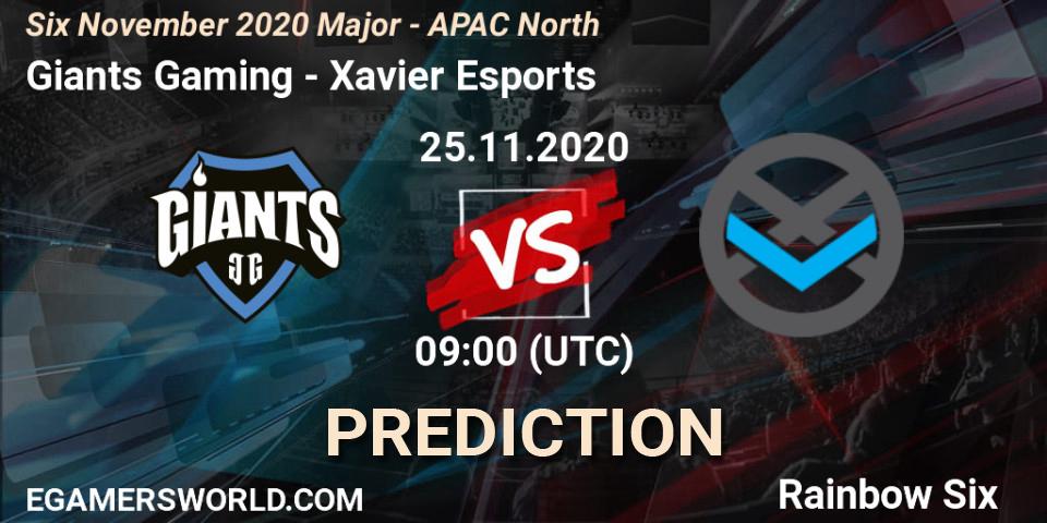 Pronósticos Giants Gaming - Xavier Esports. 25.11.2020 at 12:30. Six November 2020 Major - APAC North - Rainbow Six