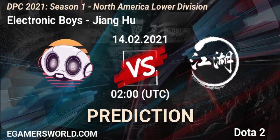 Pronósticos Electronic Boys - Jiang Hu. 14.02.2021 at 02:02. DPC 2021: Season 1 - North America Lower Division - Dota 2