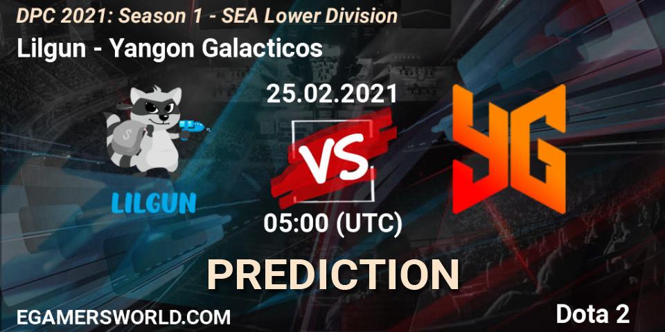 Pronósticos Lilgun - Yangon Galacticos. 25.02.2021 at 05:00. DPC 2021: Season 1 - SEA Lower Division - Dota 2