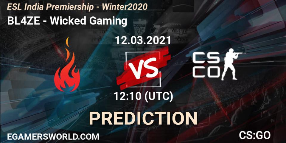 Pronósticos BL4ZE - Wicked Gaming. 12.03.2021 at 12:10. ESL India Premiership - Winter 2020 - Counter-Strike (CS2)