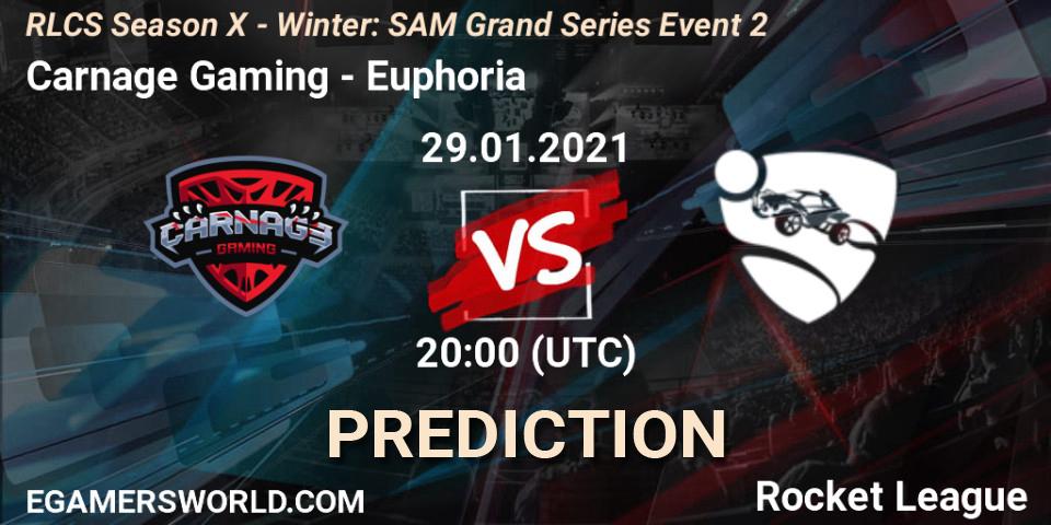 Pronósticos Carnage Gaming - Euphoria. 29.01.2021 at 20:00. RLCS Season X - Winter: SAM Grand Series Event 2 - Rocket League