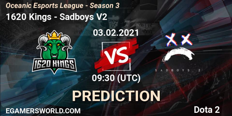 Pronósticos 1620 Kings - Sadboys V2. 03.02.2021 at 09:49. Oceanic Esports League - Season 3 - Dota 2