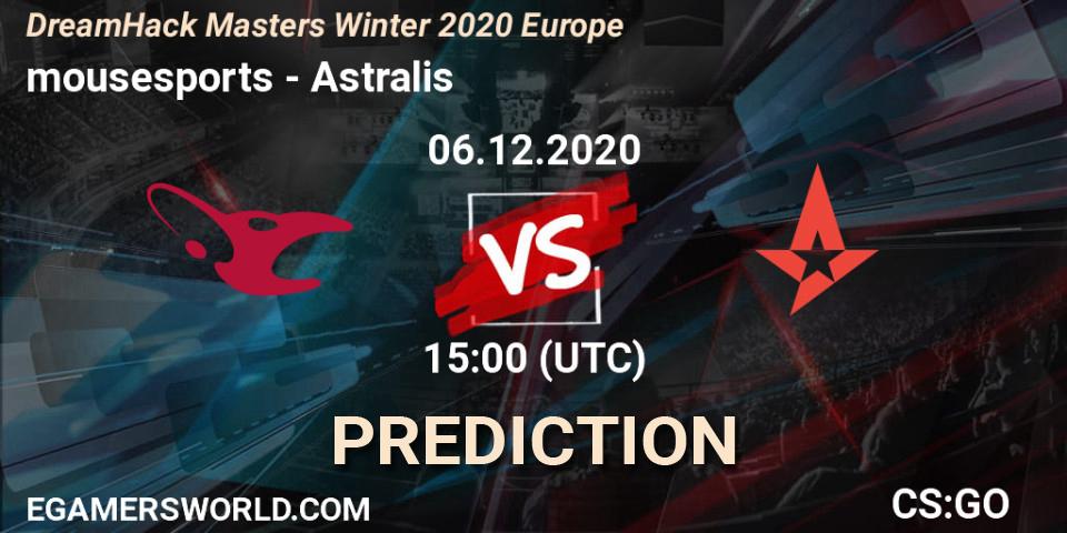 Pronósticos mousesports - Astralis. 06.12.2020 at 15:00. DreamHack Masters Winter 2020 Europe - Counter-Strike (CS2)