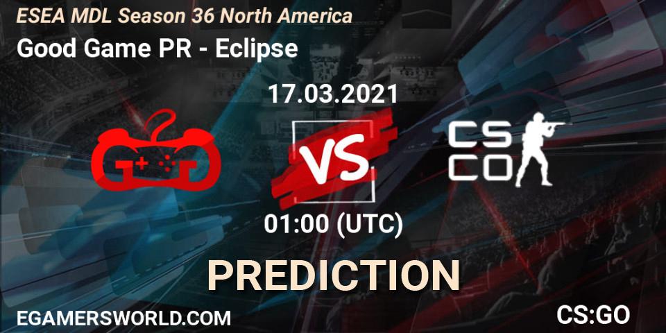 Pronósticos Good Game PR - Eclipse. 17.03.2021 at 01:00. MDL ESEA Season 36: North America - Premier Division - Counter-Strike (CS2)