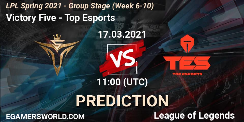 Pronósticos Victory Five - Top Esports. 17.03.2021 at 11:30. LPL Spring 2021 - Group Stage (Week 6-10) - LoL