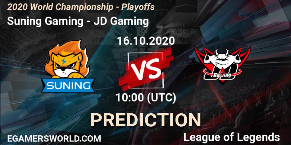 Pronósticos Suning Gaming - JD Gaming. 16.10.2020 at 09:31. 2020 World Championship - Playoffs - LoL