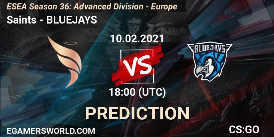 Pronósticos Saints - BLUEJAYS. 10.02.21. ESEA Season 36: Europe - Advanced Division - CS2 (CS:GO)