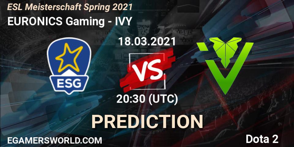 Pronósticos EURONICS Gaming - IVY. 18.03.2021 at 20:33. ESL Meisterschaft Spring 2021 - Dota 2