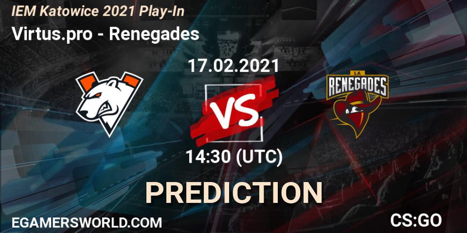 Pronósticos Virtus.pro - Renegades. 17.02.2021 at 14:45. IEM Katowice 2021 Play-In - Counter-Strike (CS2)