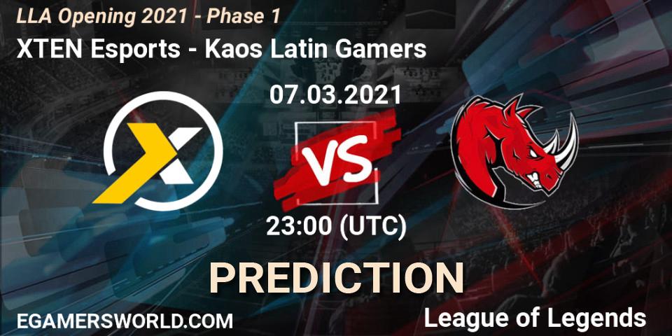 Pronósticos XTEN Esports - Kaos Latin Gamers. 08.03.2021 at 00:00. LLA Opening 2021 - Phase 1 - LoL