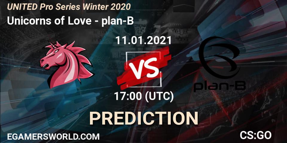 Pronósticos Unicorns of Love - plan-B. 11.01.2021 at 17:00. UNITED Pro Series Winter 2020 - Counter-Strike (CS2)