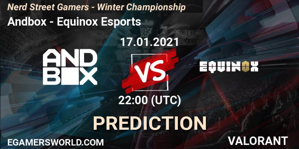 Pronósticos Andbox - Equinox Esports. 17.01.2021 at 22:00. Nerd Street Gamers - Winter Championship - VALORANT