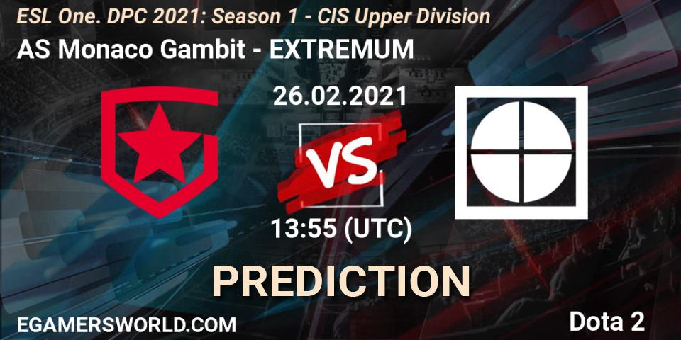 Pronósticos AS Monaco Gambit - EXTREMUM. 26.02.2021 at 13:55. ESL One. DPC 2021: Season 1 - CIS Upper Division - Dota 2