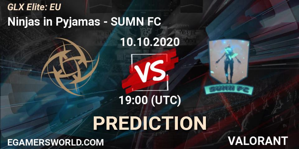 Pronósticos Ninjas in Pyjamas - SUMN FC. 10.10.2020 at 20:30. GLX Elite: EU - VALORANT