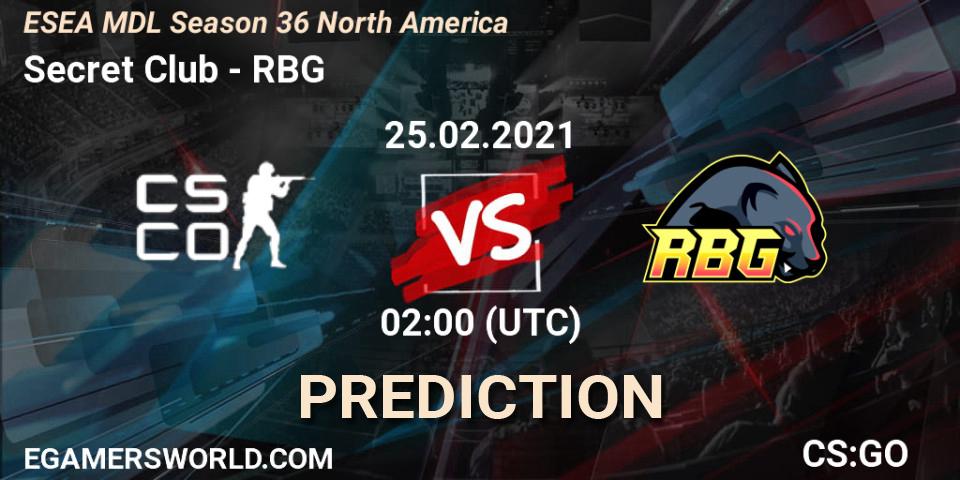 Pronósticos Secret Club - RBG. 25.02.2021 at 02:00. MDL ESEA Season 36: North America - Premier Division - Counter-Strike (CS2)