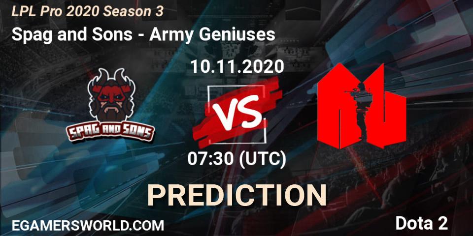 Pronósticos Spag and Sons - Army Geniuses. 10.11.2020 at 07:33. LPL Pro 2020 Season 3 - Dota 2