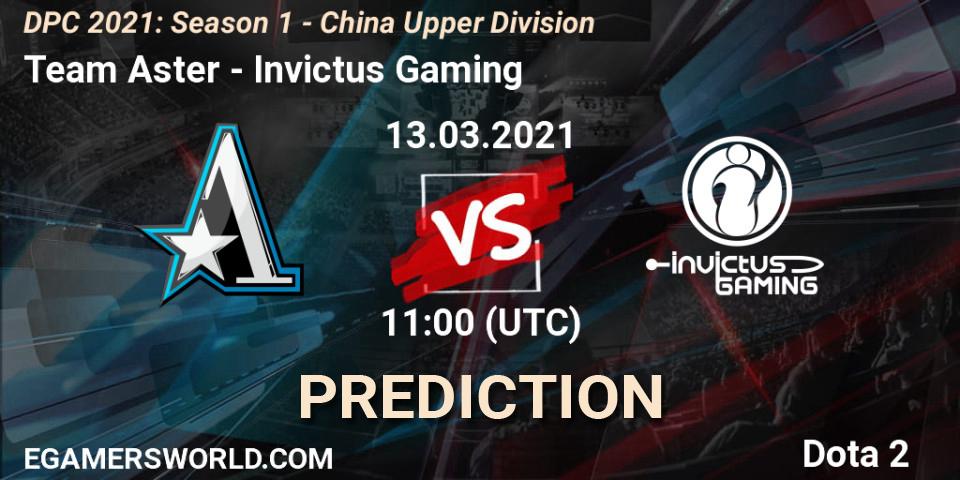 Pronósticos Team Aster - Invictus Gaming. 13.03.2021 at 11:07. DPC 2021: Season 1 - China Upper Division - Dota 2