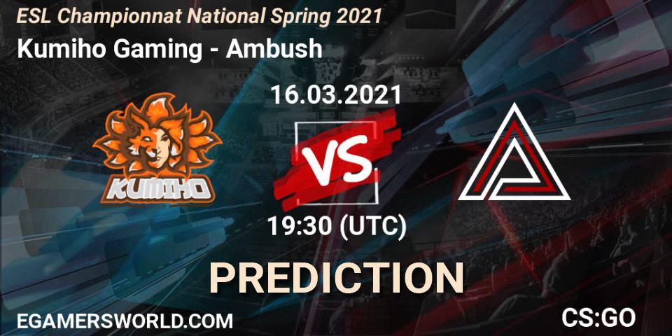 Pronósticos Kumiho Gaming - Ambush. 16.03.2021 at 19:30. ESL Championnat National Spring 2021 - Counter-Strike (CS2)