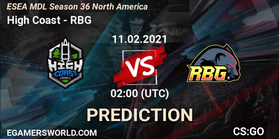 Pronósticos High Coast - RBG. 11.02.2021 at 02:00. MDL ESEA Season 36: North America - Premier Division - Counter-Strike (CS2)