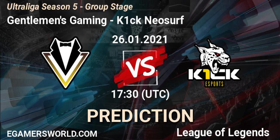 Pronósticos Gentlemen's Gaming - K1ck Neosurf. 26.01.2021 at 17:30. Ultraliga Season 5 - Group Stage - LoL