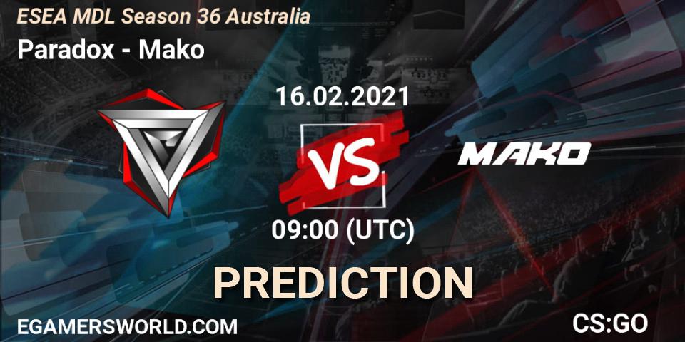 Pronósticos Paradox - Mako. 16.02.2021 at 09:00. MDL ESEA Season 36: Australia - Premier Division - Counter-Strike (CS2)
