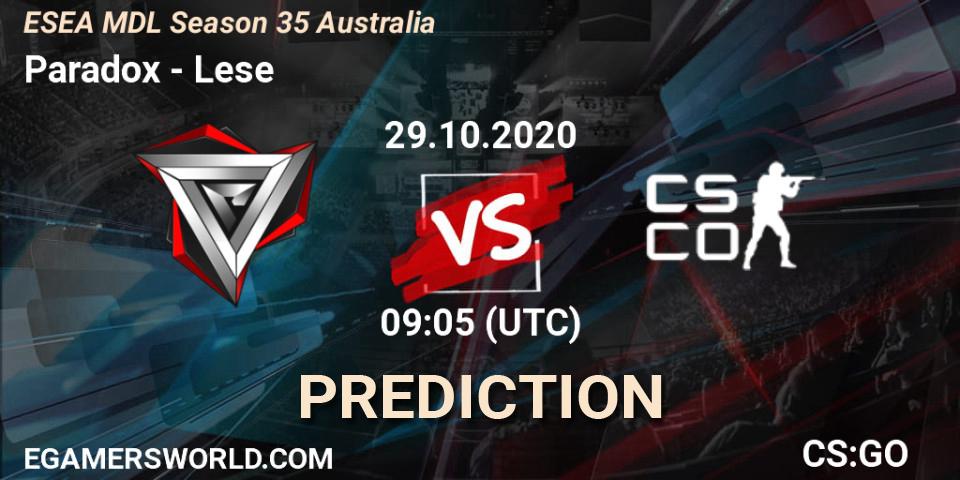 Pronósticos Paradox - Lese. 29.10.2020 at 09:05. ESEA MDL Season 35 Australia - Counter-Strike (CS2)